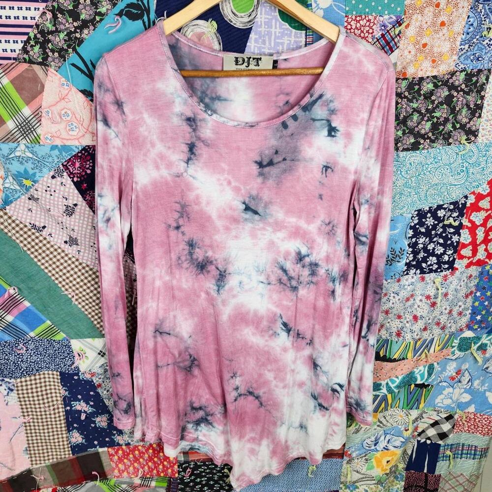 DJT Women's Long Sleeve Tie-Dye Top - Pink & Gray - Large